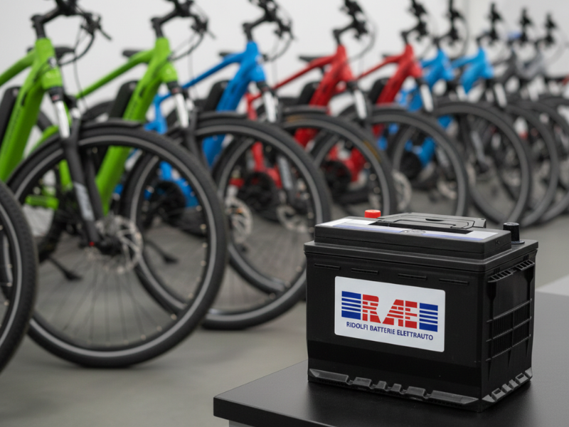 Batteria RAE su piano scuro, fila di bici elettriche verdi, blu e rosse in un salone dal pavimento grigio e pareti chiare.